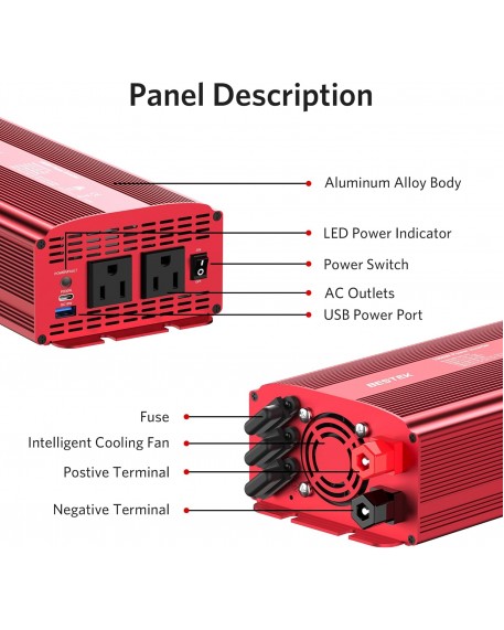 BESTEK 2-Outlet 1000W Car Power Inverter DC 12V to AC 110V with PD 30W USB C and QC 18W